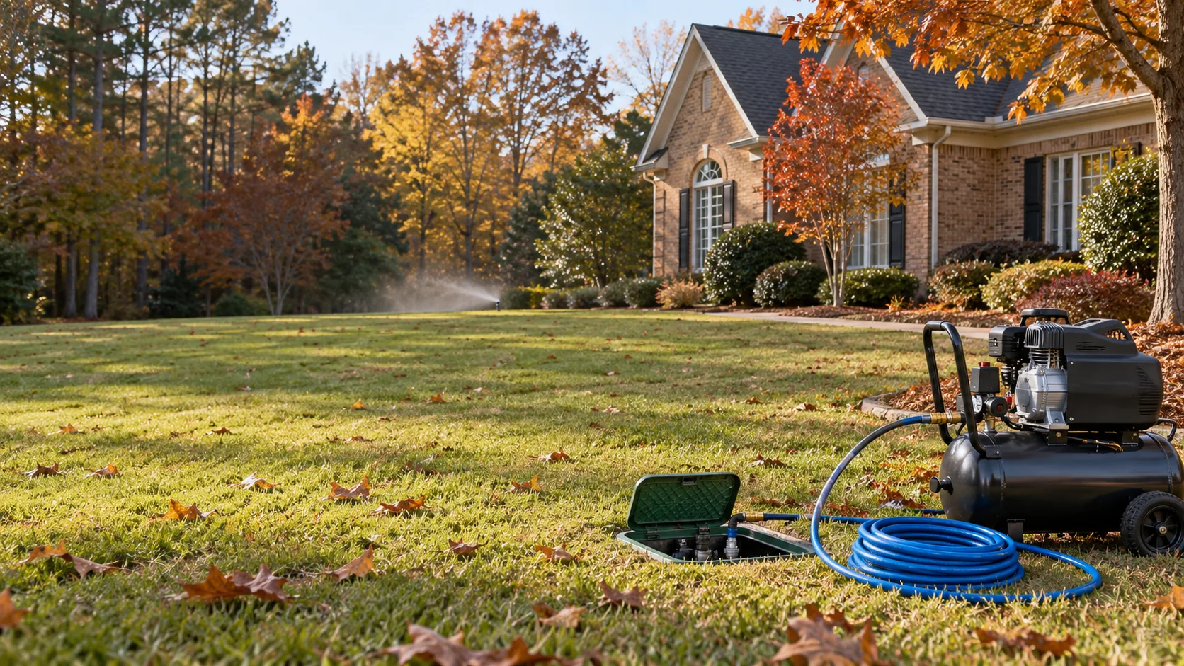 Illustration of a residential lawn in autumn with sprinkler winterization equipment
